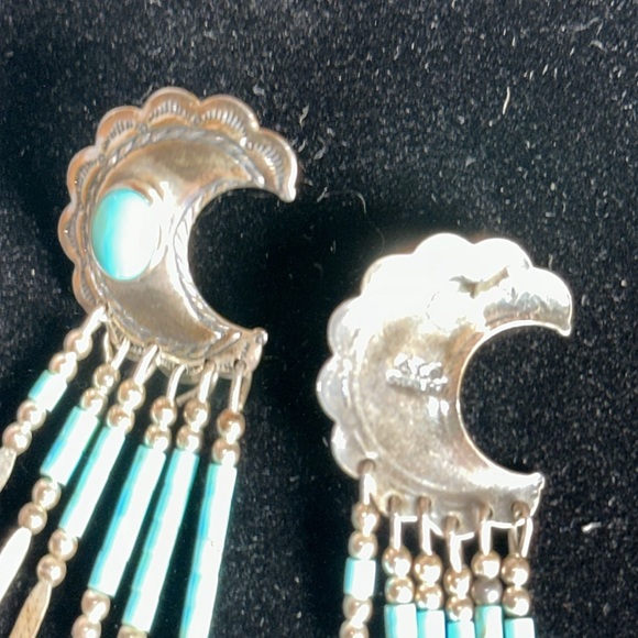 NAVAJO Concho Sterling vintage turquoise fringe signed and stamped Q.T. earrings - Picture 7 of 10